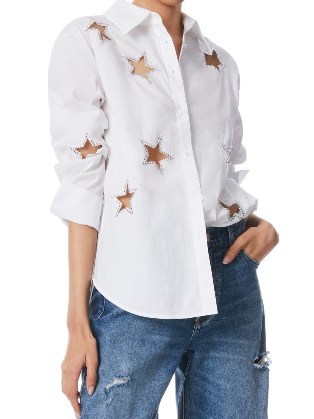 Alice + Olivia Finely Embellished Star Cutout Button-Front Shirt Women’s Sz S